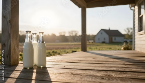 Three bottles of milk on a wooden porch, celebrating National Dairy Month and showcasing farm-fresh dairy products