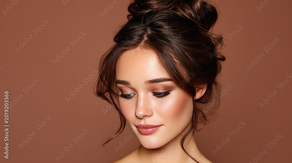 Naklejka premium Beautiful young woman with elegant hairstyle and natural makeup on brown background, showcasing beauty and confidence in modern photography