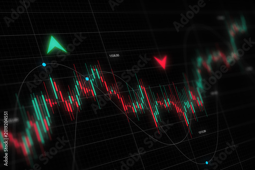 Stock market chart with green and red indicators, arrows, and grid on dark background.