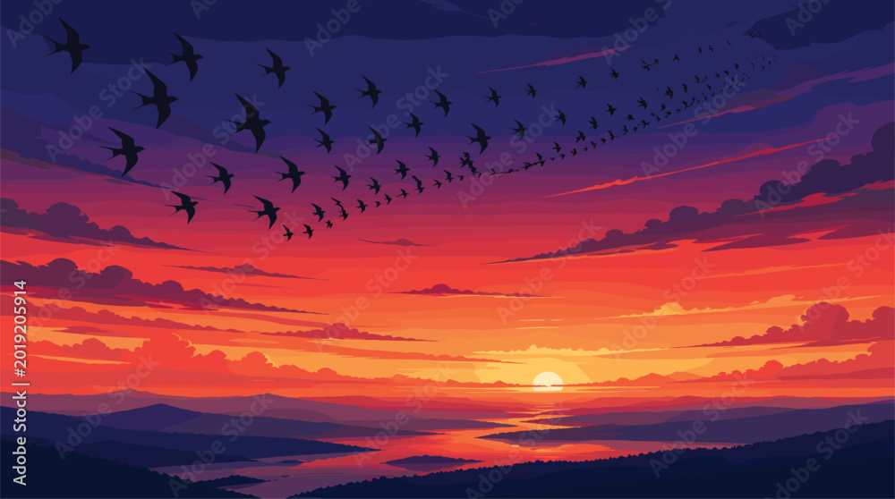 Αυτοκόλλητο Flock of Birds Migrating Over Sunset Landscape - Nature & Travel Scene