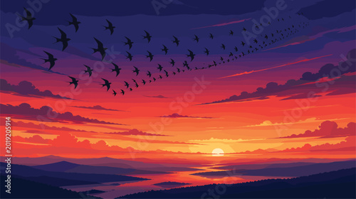 Foto Flock of Birds Migrating Over Sunset Landscape - Nature & Travel Scene