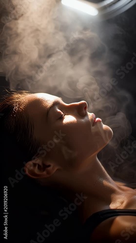Serene woman enjoying a luxurious sauna experience bathed in warm light and surrounded by swirling steam a moment of relaxation wellness and self-care for ultimate rejuvenation