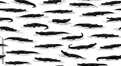 Seamless pattern of swimming crocodiles in black and white