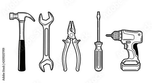 Set of hand tools hammer wrench pliers screwdriver and drill illustration