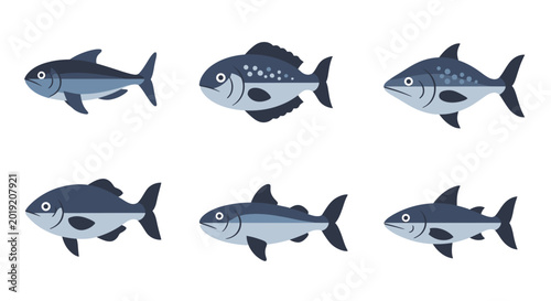 Set of stylized fish illustrations with various designs for aquatic themes
