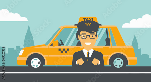 Smiling taxi driver beside yellow cab on city road vector illustration