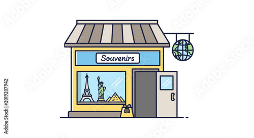 Souvenir shop illustration travel destination icons cartoon style white background