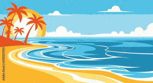 Vibrant beach scene with palm trees and ocean under a sunny sky