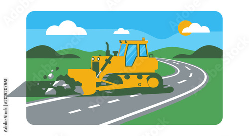Yellow bulldozer on road construction with sky background illustration