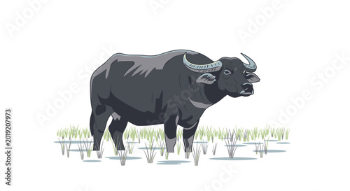 Water buffalo illustration standing on grass against a white background vector art
