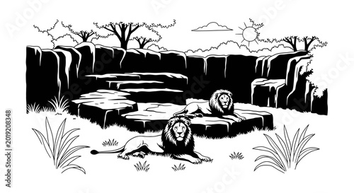 Pair of majestic lions resting in a rocky savannah landscape