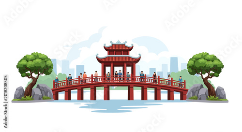 Red Wooden Bridge with Pavilion and People in City Park Landscape
