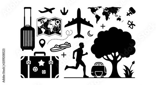 Travel and outdoor adventure silhouette icons with luggage and airplane