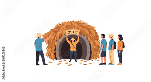 Group of tourists visiting the Cu Chi tunnels with local guide