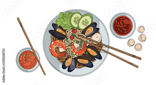 Asian seafood noodle bowl with shrimp mussels and spicy dipping sauce