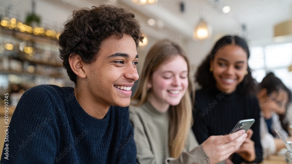 Fototapeta premium Group of diverse teenagers laughing and sharing a smartphone at a cozy cafe for youth social lifestyle and friendship background for marketing