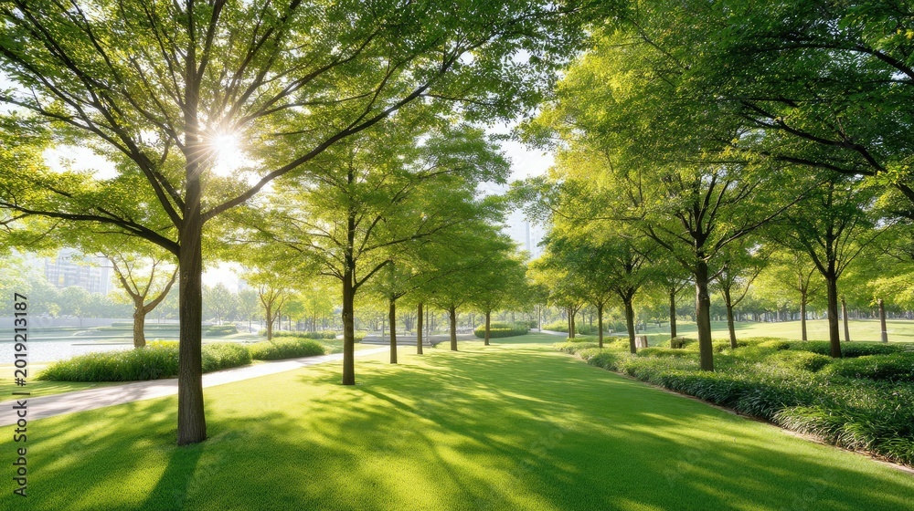 Obraz premium Lush Green Park Landscape with Tall Trees and Dappled Sunlight in a Serene Outdoor Environment Ideal for Nature and Relaxation Themes