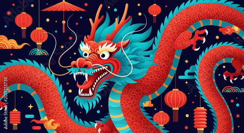 Chinese dragon, red dragon, dragon illustration, vector dragon, colorful dragon, lanterns, Asian-inspired design, mythical creature