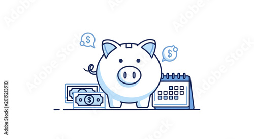 Piggy bank with money and calendar.