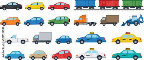 Foto Flat Vehicle Collection with Cars Taxis Trucks Railway Wagons and Construction M