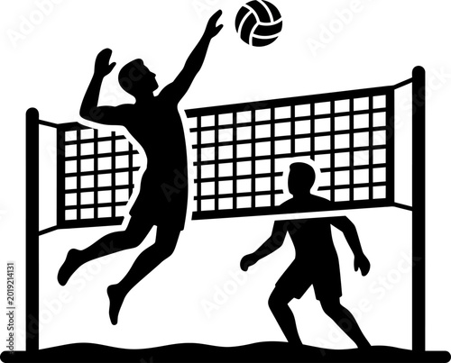 Silhouette of two men playing volleyball on the beach with net