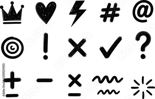 Set of hand-drawn black icons and symbols including a crown heart lightning bolt hashtag at symbol target exclamation mark cross checkmark question mark plus and minus signs wavy lines with collection