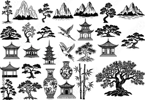 Chinese inspired graphic elements collection with line art inspired elements collection traditional architecture mountain silhouette illustration oriental decoration decorative ornament