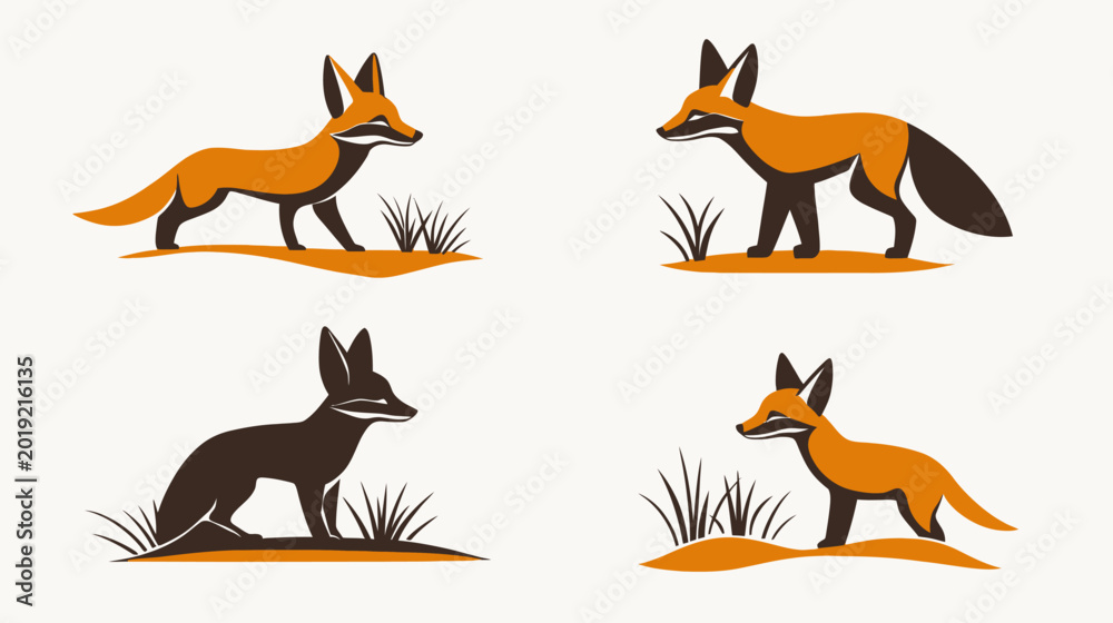 Obraz premium A collection of four stylized fox illustrations in earthy tones, placed on a plain background