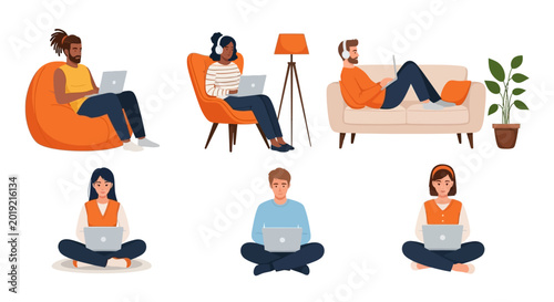 People working remotely, laptop users, sitting in different positions, home office, relaxation, comfortable workspace, vector illustrations