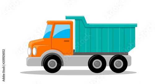 Dump truck, orange and teal, vector illustration, construction vehicle, transportation icon