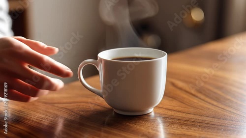Hand placing steaming cup of coffee on wooden table