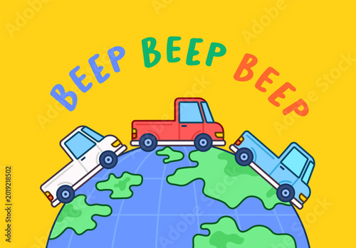 Konstfotografi Pickup trucks driving around earth with beep text illustration cute hand drawn s