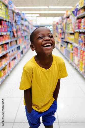A cheerful African American boy with a wide, genuine smile stands in the brightly lit aisle of a supermarket, expressing pure happiness and excitement. Generative AI.