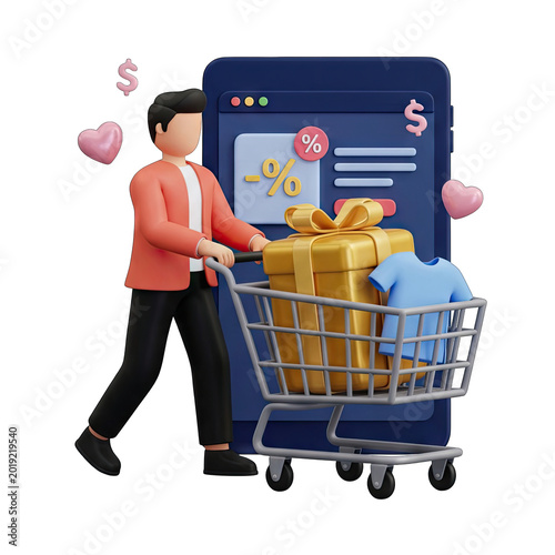3D Illustration of Online Shopping with Discounts and Gifts