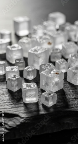 Clear glass, crystal dice, cubes on dark wood, tabletop still life