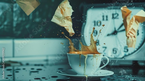 Coffee splash with floating papers and clock in surreal time freeze effect