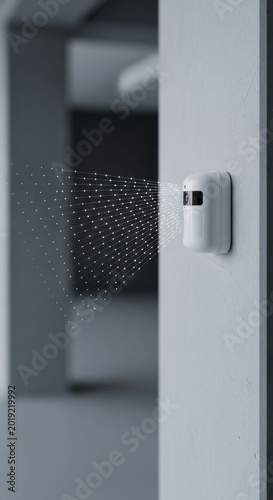 Smart home security camera, white, on gray door, with motion detection