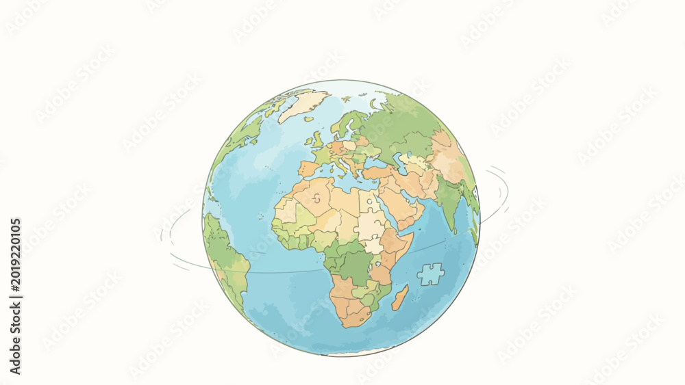 Obraz premium Gentle Hand-Drawn Pastel Illustration of Planet Earth As Interlocking Jigsaw Puzzle, With Loose Puzzle Piece Floating On Ocean, Centered On Plain Light Background
