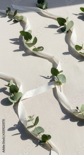 Eucalyptus garland, white ribbon, green leaves, wedding decoration, floral arrangement