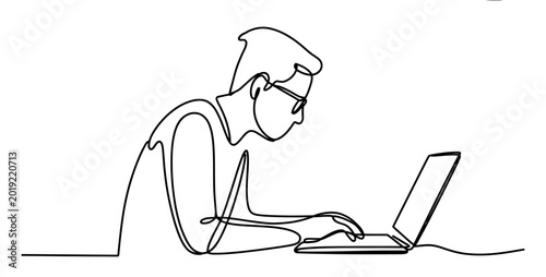 Continuous single line drawing of a young man wearing glasses working on his laptop computer to finish an important project at his desk in the office area Vector, illustration