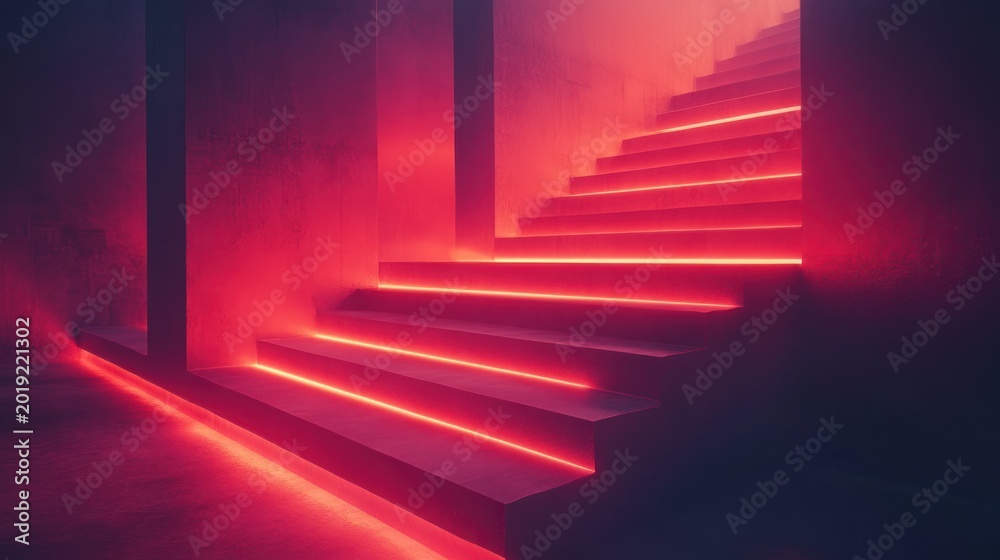 Obraz premium Neon red stairs in dark futuristic interior