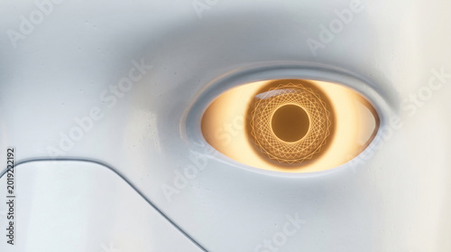Macro of friendly humanoid robot eye with warm amber glow detail