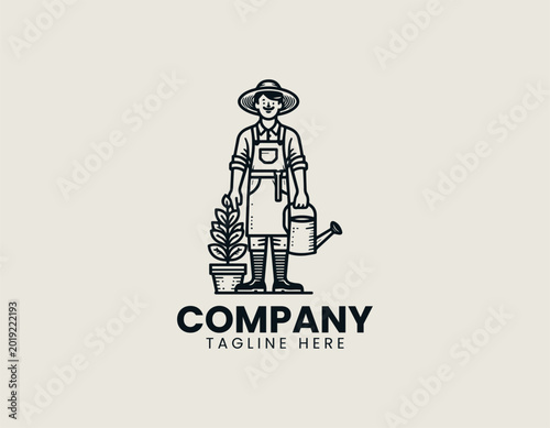 Gardener holding plant and watering can outline vector illustration on white background