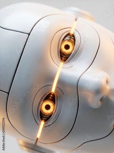 Extreme close-up of humanoid robot face with glowing amber eyes