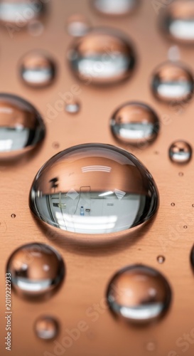 Water droplets on copper surface, close-up, reflective liquid beads