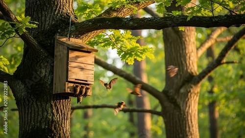 Birdhouse on tree branch in forest.
