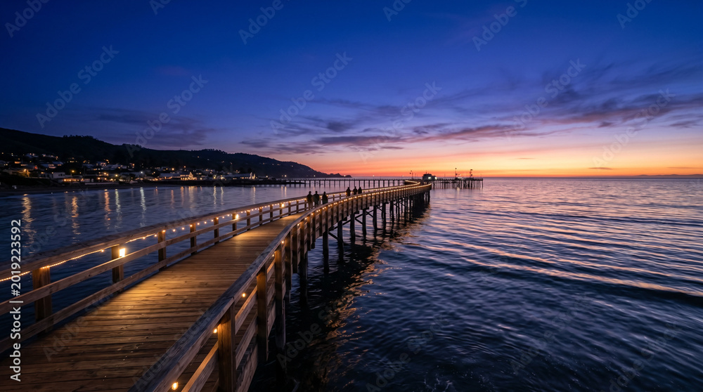 Obraz premium Atmospheric Twilight Boardwalk With Rich Indigo Skies For Coastal Travel Posters And Luxury Destination Marketing