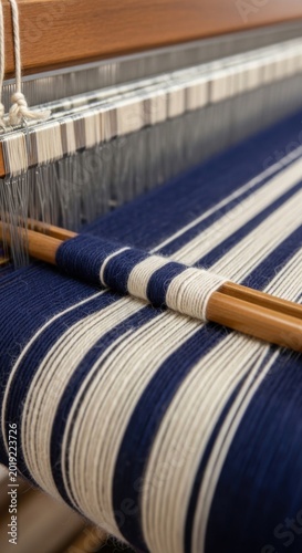Textile weaving, loom, blue and white fabric, wooden rollers