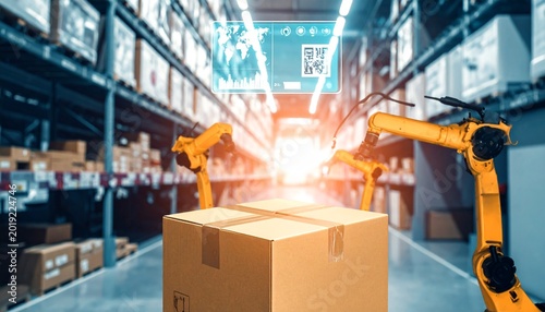 Advanced robotic arms efficiently sort packages in a smart automated warehouse, demonstrating cutting-edge logistics and optimized supply chain technology