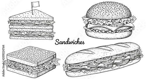 Foto Delicious Sandwiches, Hand-Drawn Illustrations, Black and White, Vector Graphics